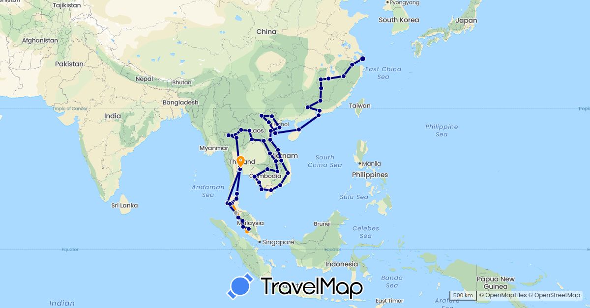 TravelMap itinerary: driving, plane, hitchhiking in China, Laos, Malaysia, Thailand, Vietnam (Asia)